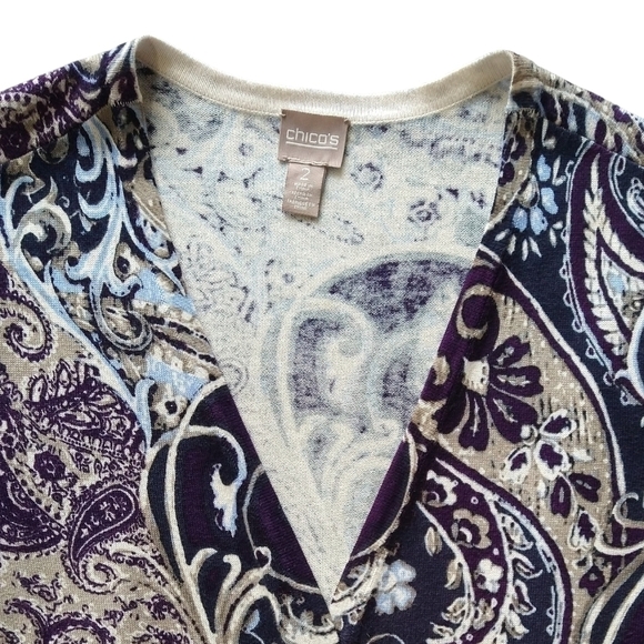 Chico's Royal Scroll Purple Luxe Long Open Front Cardigan Boho Paisley Layering - Picture 4 of 8